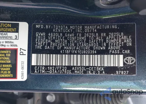 2014 Toyota Camry Se from USA, damaged, VIN 4T1BF1FK1EU820394